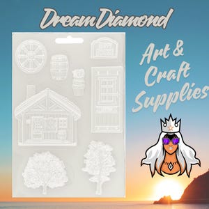 Peut inclure: Une feuille de silicone transparente avec différents motifs pour l'artisanat, notamment une maison, des arbres, un tonneau, une roue et une pancarte indiquant "Happy House".