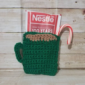 Hot Cocoa Crocheted Mug, with cocoa and candy cane - hot cocoa mug, hot chocolate mug, crochet mug, crochet ornament, gifts for teachers