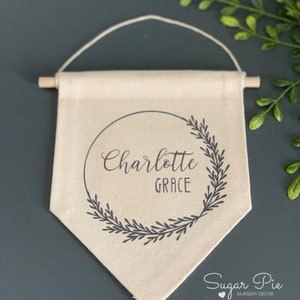 Custom Name Banner - Greenery Hoop Design | Small Wall Hanging Canvas Banner, Baby Name Sign, Nursery Decor, Personalized Baby Shower Gift