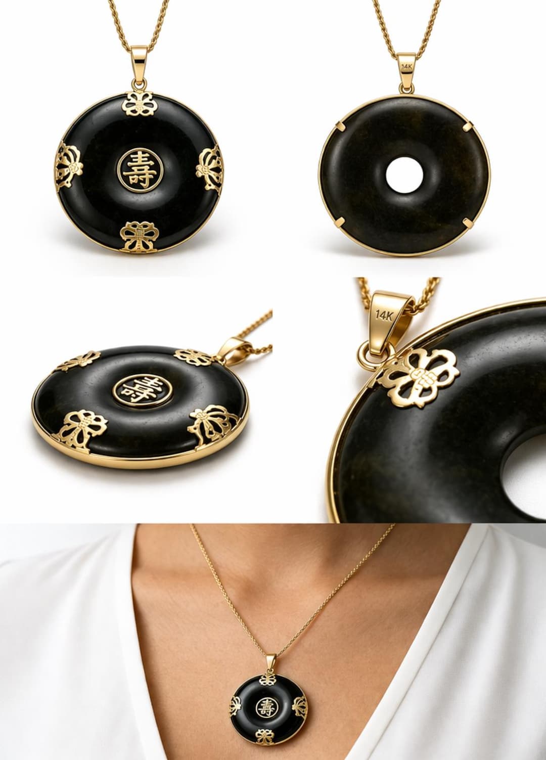 14K Gold Black Jade Pendant Necklace – Chinese Longevity (shou 壽 ...