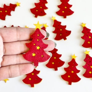 10 pcs Christmas Faux Suede Patches, Costume Ornament Accessories, for Magic Tape Hair Clip Making, Christmas Trees with Star, Red