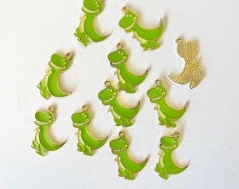 10 pcs Dinosaur, Dinosaur Charms, Dinosaur Pendants, Jewelry Supplies, Small Dinosaur Charms, Jurassic, Dino, Green enamel dinosaur Charm