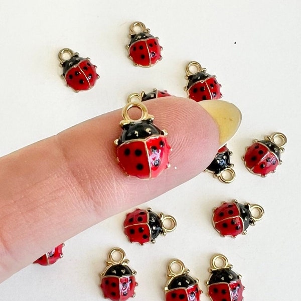10 pcs 3D Ladybug Charms, Ladybug Pendants, Jewelry Supplies, Small Ladybug Charms, Gold tone Enamel Red Ladybug Charm, Garden Charm