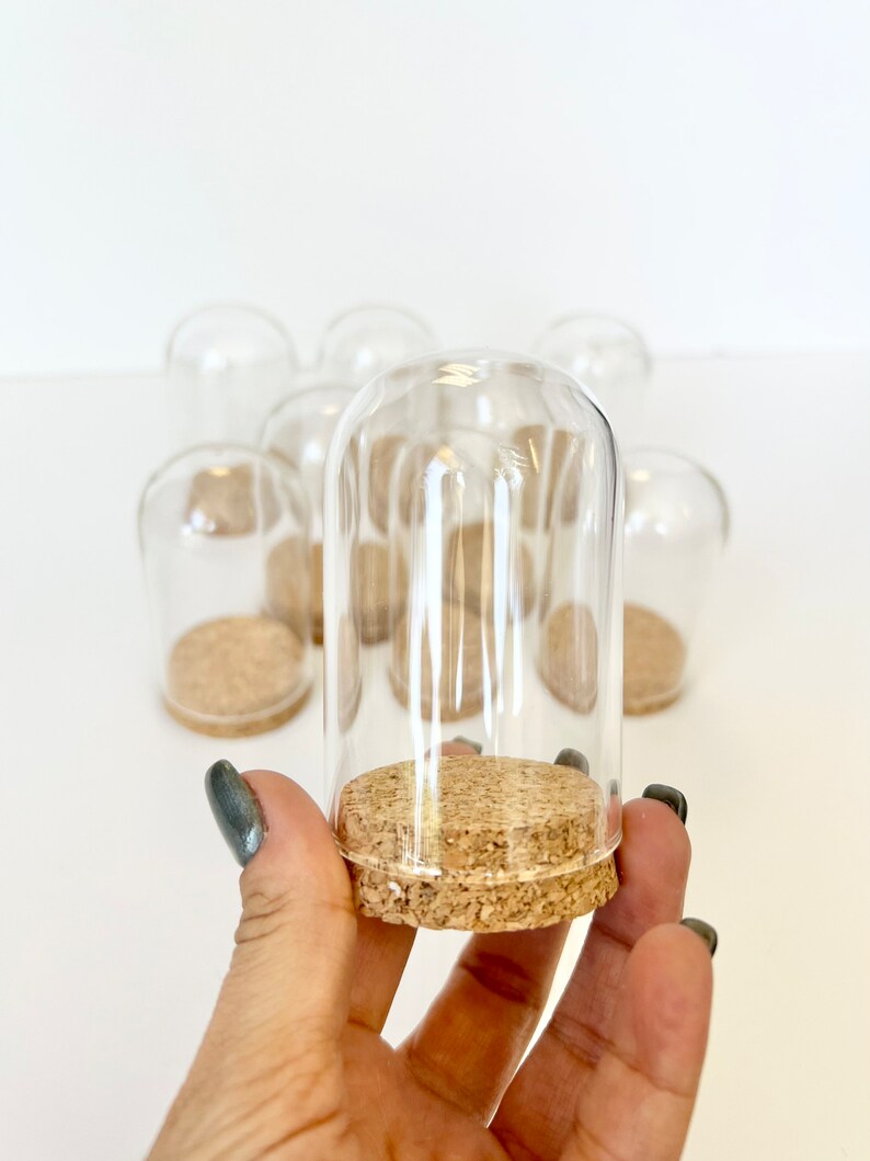 May include: A set of eight clear glass cloche jars with cork lids. The jars are approximately 3 inches tall and 2 inches wide.