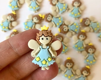 May include: A collection of 15 small, light blue fairy figurines with brown hair, yellow crowns, and white wings. Each fairy has a light blue dress with yellow stars.