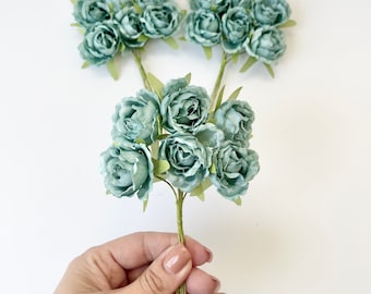 6 pcs Roses on Wire Stems, Silk Roses, Silk Flowers, Corsage Flowers, Teal Roses , Wedding Crafts, Bulk Artificial Flowers, DIY Flowers