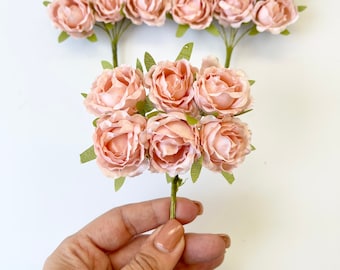 6 piezas de rosas en tallos de alambre, rosas de seda, flores de seda, flores de corsage, rosas de melocotón, artesanías de boda, flores artificiales a granel, flores de bricolaje