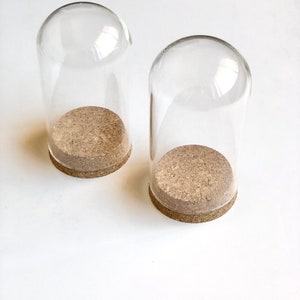 Puede incluir: Dos campanas de cristal transparente con bases de corcho. Las campanas son cil&iacute;ndricas y tienen una parte superior redondeada. Las bases de corcho son marrones y tienen una textura ligeramente rugosa.