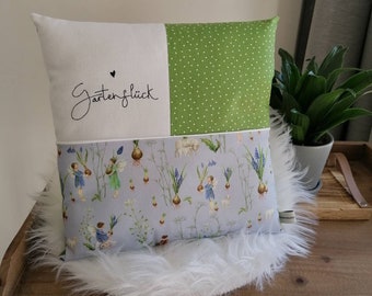 Gartenglück Dekokissen Sommer, Gartenliebe, Patchwork Kissen, Geschenk zur Gartenparty, Acufactum Kissen, Sommer Dekoration