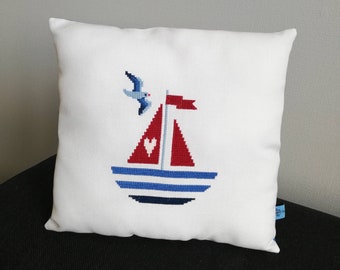 Maritimes Kissen, Kreuzstich fertig gestickt, Sommer Deko Wohnzimmer, maritime Geschenkidee, kleine maritime Deko