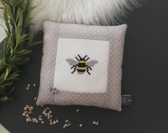 Small decorative pillow bee, embroidered cross stitch, spring decoration