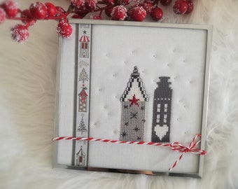 Cross-stitch picture Winter houses, cross-stitch embroidered, Advent decoration, special Christmas gift