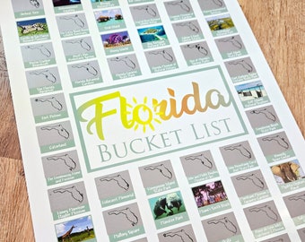 May include: A printable bucket list of things to do in Florida. The list is organised in a grid with a Florida state outline next to each item. The list includes popular attractions like the Kennedy Space Center, Mallory Square, and the Weeki Wachee Springs. The list is titled "Florida Bucket List" with a yellow sun graphic.