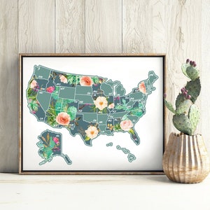 LIQUIDATION ! Impression de cactus 8 x 10 cm à gratter sur la carte des États-Unis ; Traqueur d'affiches de voyage à gratter pour les États-Unis ; Taille camping-car/camping-car/bureau, décor boho cactus
