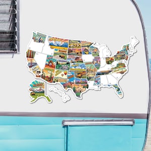 May include: A colorful map of the United States with each state featuring a vintage postcard-style illustration. The map is affixed to a white surface, with a blue and white background.