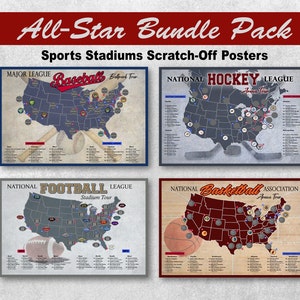 All Star Sports Fan Scratch Off Posters; Stadium Scratch Off; Arena Scratch Off; Sports Fan Gift; Baseball, Hockey, Football, Basketball