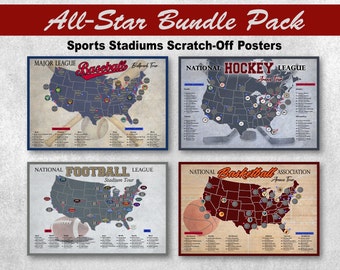 All Star Sports Fan Scratch Off Posters; Stadium Scratch Off; Arena Scratch Off; Sports Fan Gift; Baseball, Hockey, Football, Basketball