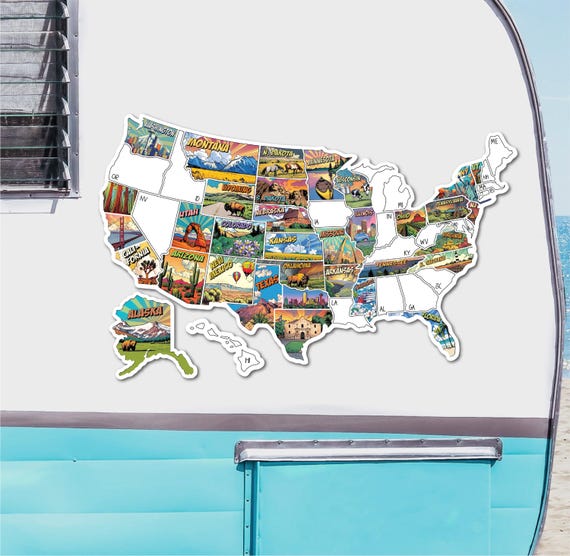 RV Sticker Travel Map, 50 U.S. States Places Traveled, Camper Decor, Outdoor Weatherproof Vinyl Decal, Bucket List