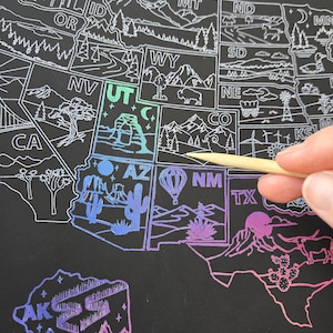 Poster des États-Unis à gratter, carte artistique des États-Unis, liste des seaux des États-Unis, 50 États voyagés, fête des mères, cadeau de remise des diplômes, fête des pères,
