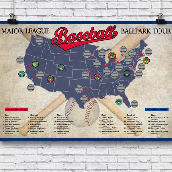 Carte de la visite à gratter du stade de baseball professionnel ; Liste de contrôle 12 x 18 Ballpark Stadium Tracker ; Poster de voyage pour le stade de baseball ; Cadeau de baseball