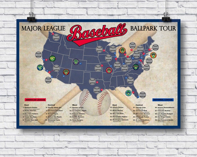 Pro Baseball Stadium Scratch Off Tour Map; 12x18 Ballpark Stadium Tracker checklist; Baseball Stadium Travel Poster; Baseball Gift