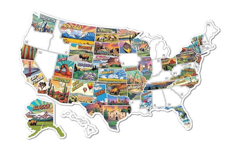 Op de afbeelding: Een kleurrijke kaart van de Verenigde Staten, met illustraties van de bezienswaardigheden en landschappen van elke staat. De kaart bevat afbeeldingen van de Golden Gate Bridge, bergen en wilde dieren. De kaart is een decoratief item.