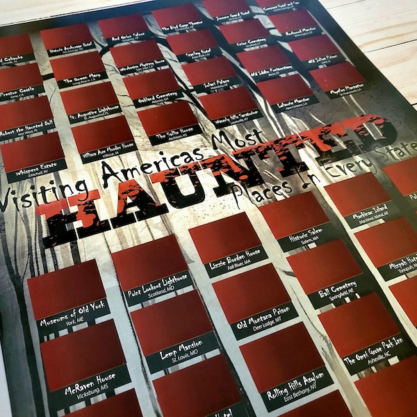 Haunted Places Scratch Off Poster: USA Horror Travel Bucket List (12x18 Print)