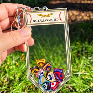 May include: A clear acrylic home plate-shaped keychain with a metal ring. The top features the text BALLPARKS VISITED with crossed yellow bats. Inside the clear frame are small, colorful enamel pins representing various baseball stadiums.