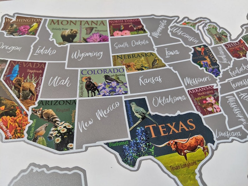 USA scratch off bucket list map; United States symbols; Education travel scratch off poster; Kids map; Places traveled 