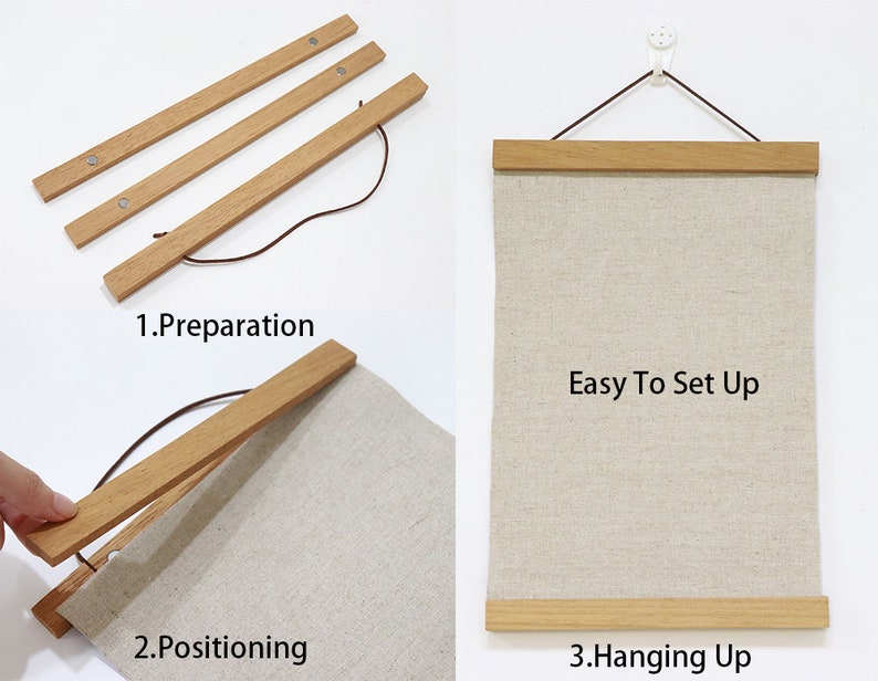 Op de afbeelding: Drie houten staven met magneten aan de uiteinden worden gebruikt om een ​​canvasprint op te hangen. Het canvas hangt aan een muur met een haak. De afbeelding toont drie stappen: voorbereiding, positionering en ophangen. De tekst "Easy To Set Up" is zichtbaar op het canvas.