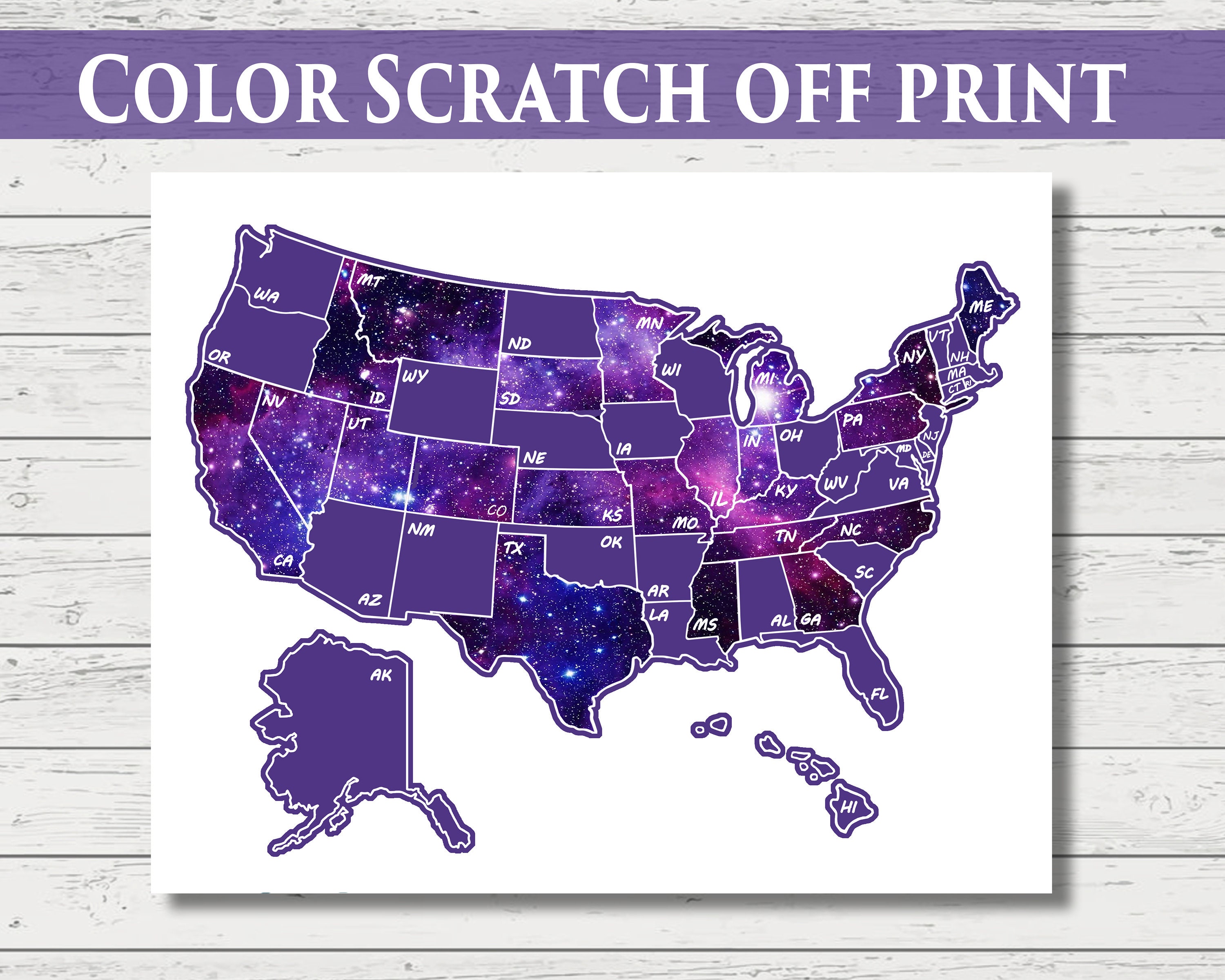 CLEARANCE! Small Galaxy Scratch Off U.S. Map; United States Scratch-off Travel Poster Tracker; 8x10 for Camper/RV/Desk size.