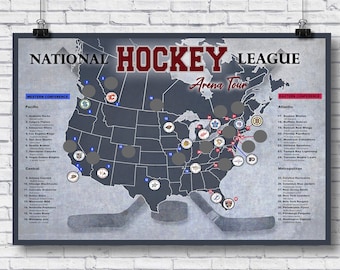 Pro Hockey Arena scratch off map, 12x18 Hockey bucket list Poster, Hockey Gift, Hockey Arena Tour