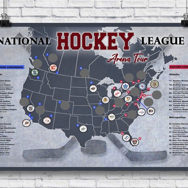 Pro Hockey Arena scratch off map, 12x18 Hockey bucket list Poster, Hockey Gift, Hockey Arena Tour