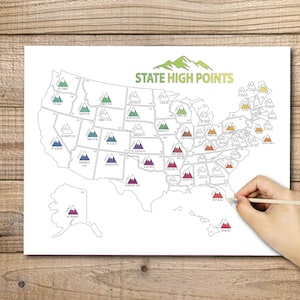 May include: A printable map of the United States with a mountain icon for each state. The mountains are color-coded by elevation, with the highest mountains in purple and the lowest in green. The map is titled "State High Points".