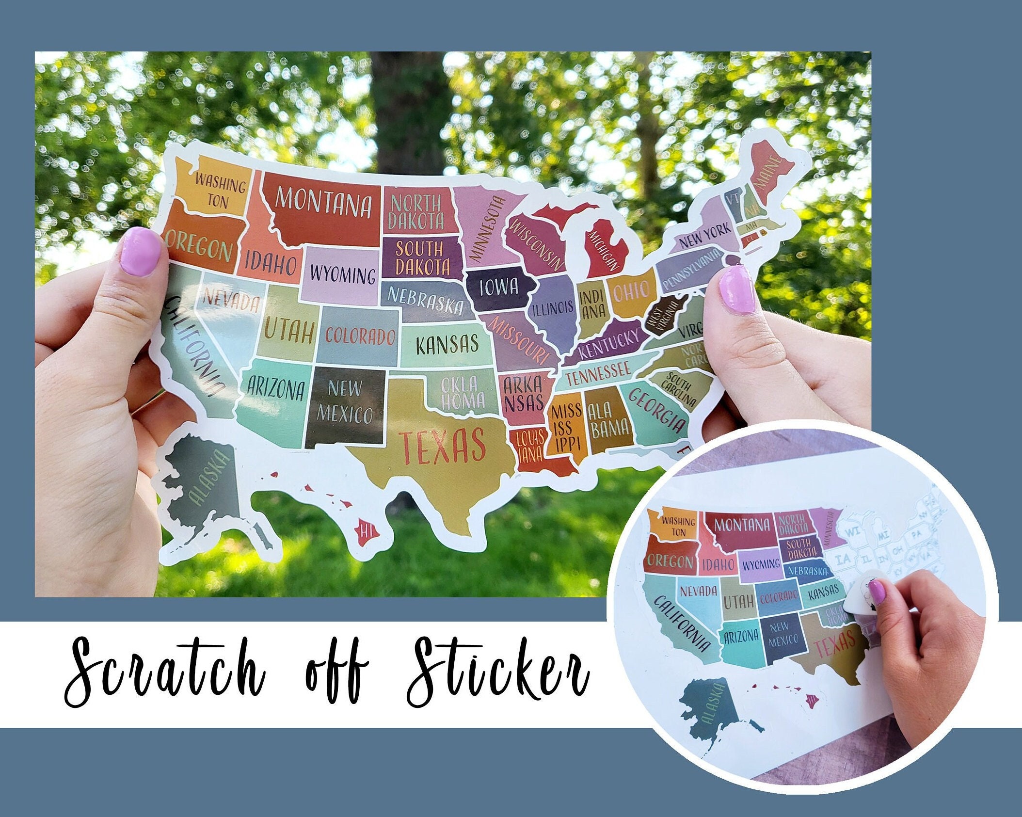 Scratch Off Sticker Map; USA Sticker; Scratch Off 50 States; Places traveled; Decal Map; Planner Sticker