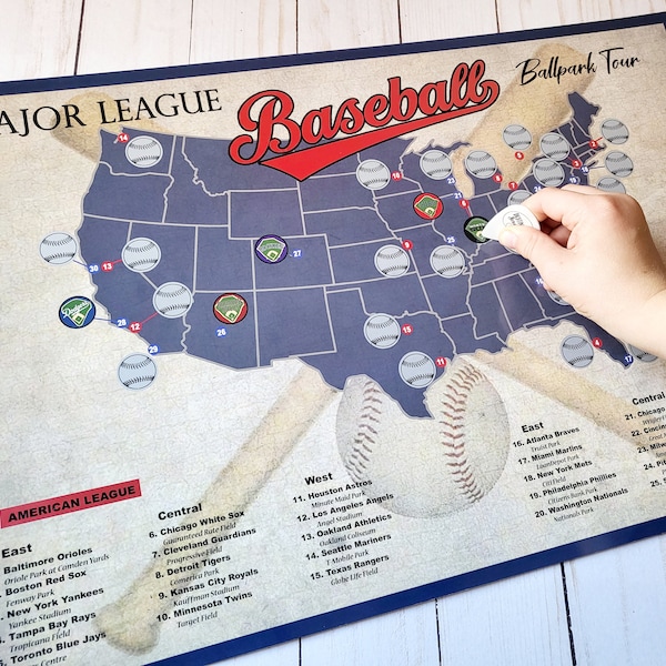 Baseball Stadium Scratch Off; Baseball Map; Ballpark Stadium Tracker checklist; Baseball Stadium Travel Poster; Baseball Gift; Baseball Fan