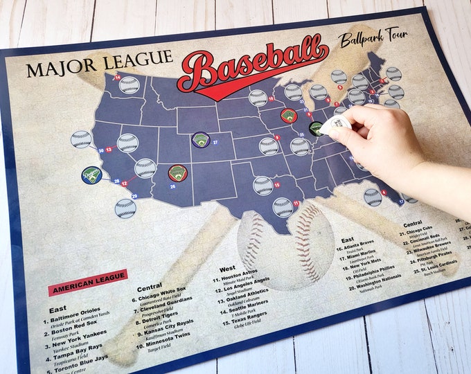 Baseball Stadium Scratch Off; Baseball Map; Ballpark Stadium Tracker checklist; Baseball Stadium Travel Poster; Baseball Gift; Baseball Fan