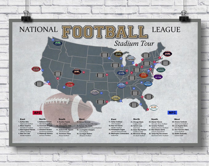 Pro Football stadium scratch off map, Football stadium bucket list tracker, football gift, Pro Football Poster, Football Fan
