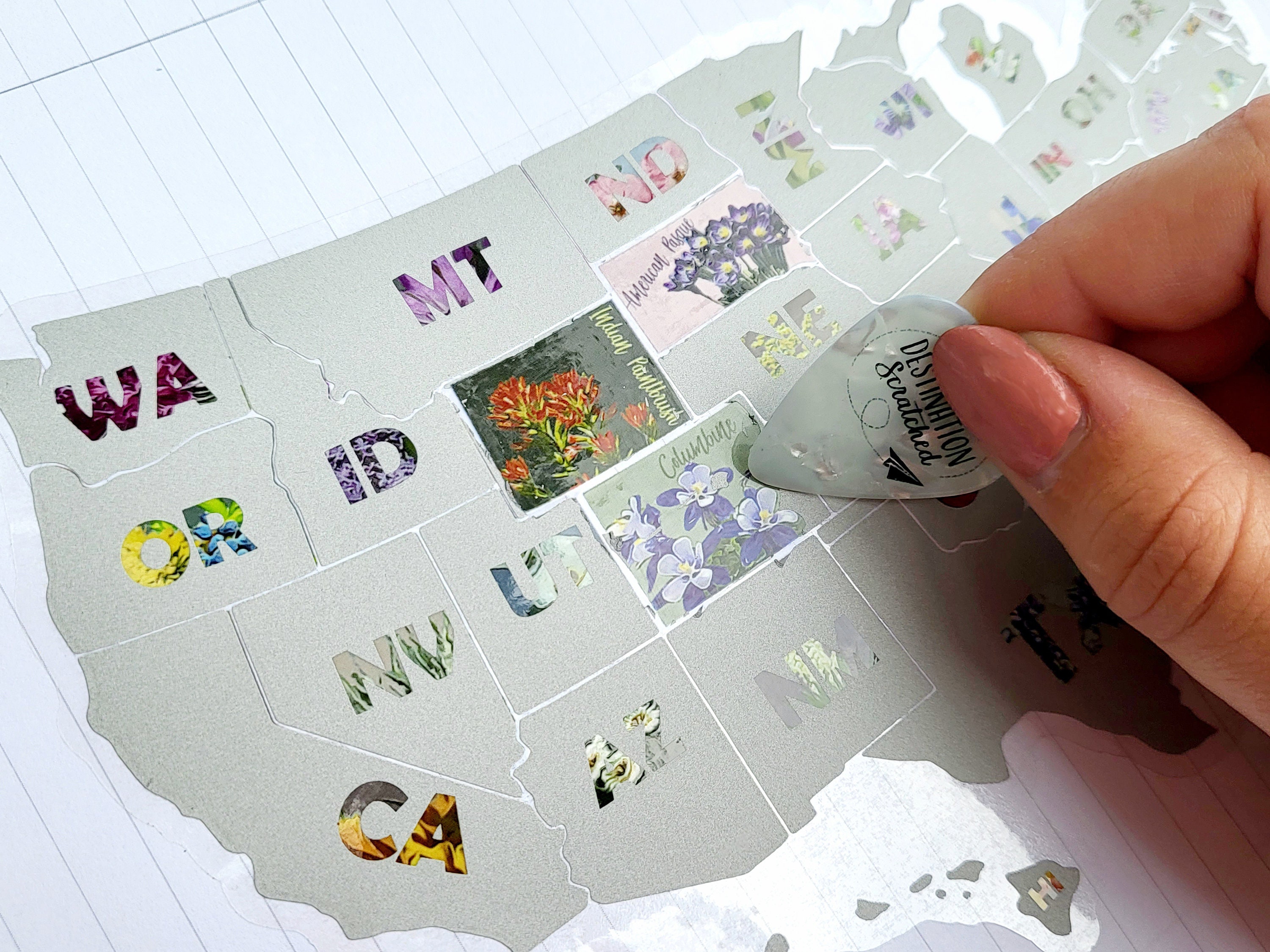 Transparent Scratch Off Sticker Map; USA Vinyl Decal; State Flower Map, Scratch Off 50 States; Places traveled; Decal Map; Planner Sticker