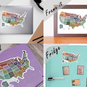 May include: A colorful map of the United States with each state labeled. The map is shown on a laptop, journal, framed print, and refrigerator.