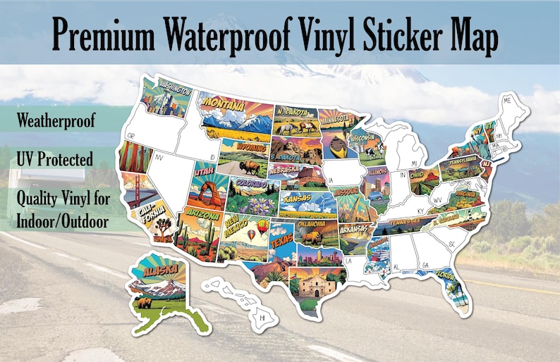 Op de afbeelding: Een kleurrijke vinyl stickerkaart van de Verenigde Staten, met illustraties van de bezienswaardigheden en landschappen van elke staat. De sticker is gelabeld "Premium Waterproof Vinyl Sticker Map" en is weerbestendig, UV-beschermd en geschikt voor binnen/buiten.