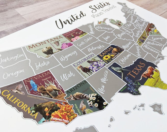 USA Scratch Off Map; State Symbols map; United States Poster; Educational travel scratch off poster; Places Traveled Map; Scratch off poster