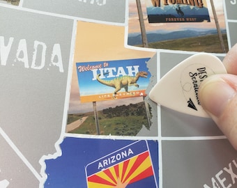 State Border signs scratch off map; State Welcome signs of United States travel poster; Road trip bucket list checkoff