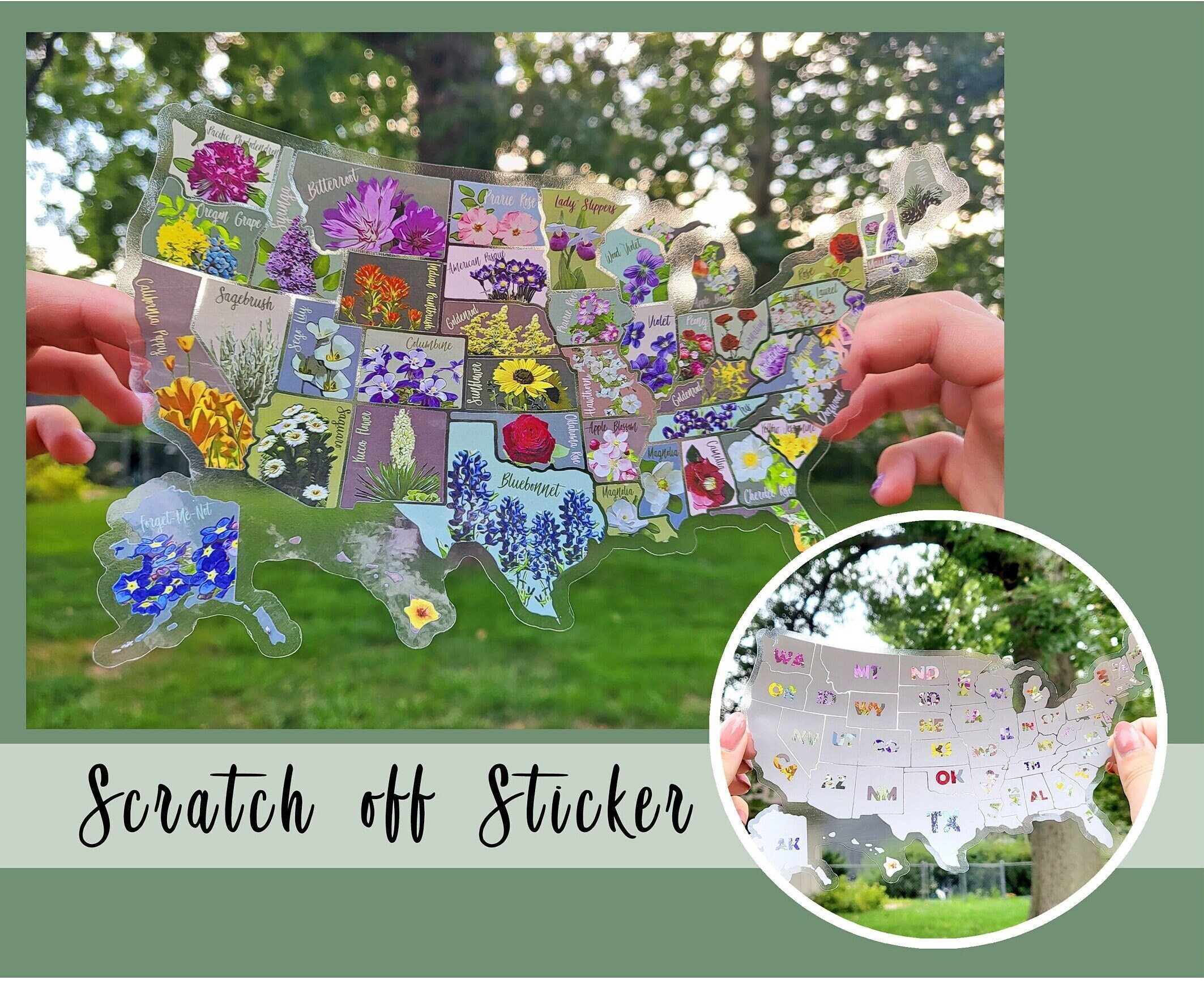 Transparent Scratch Off Sticker Map; USA Vinyl Decal; State Flower Map, Scratch Off 50 States; Places traveled; Decal Map; Planner Sticker