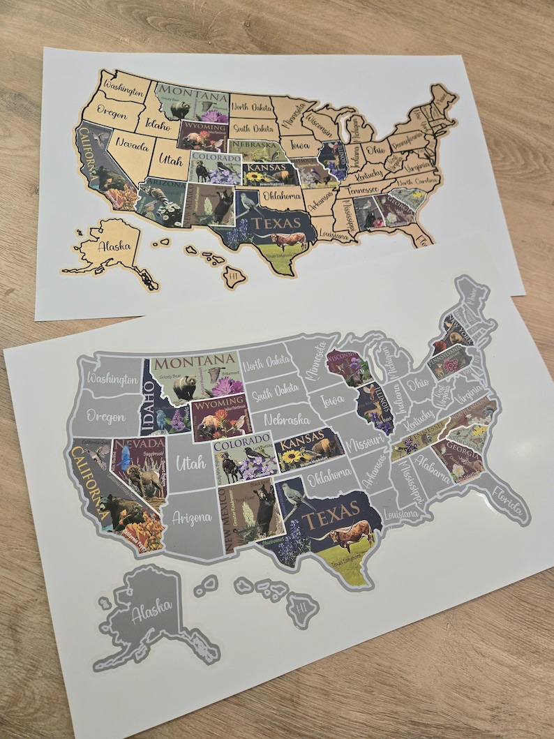 USA Scratch Off Map: State Symbols Educational Travel Poster, Places I've Been afbeelding 10