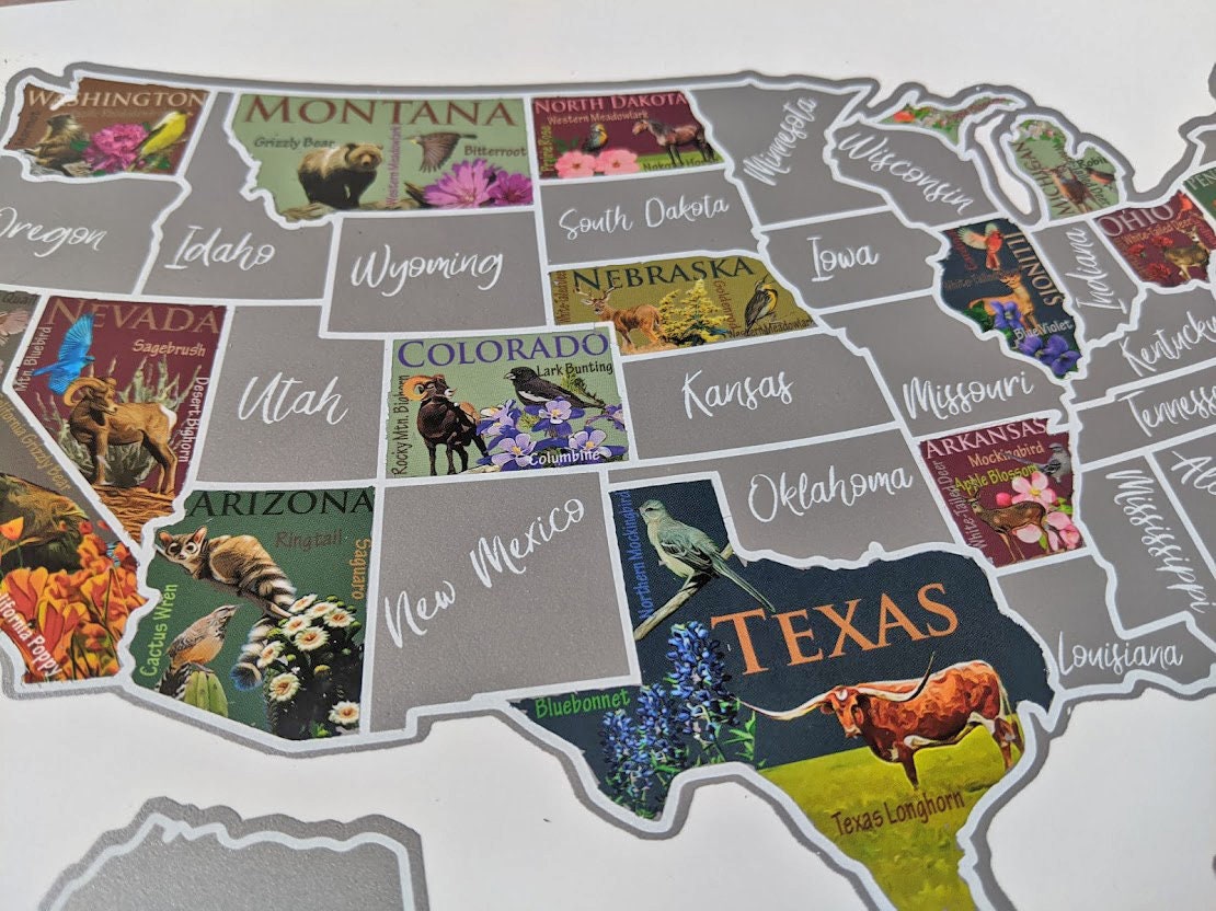 USA Scratch Off Map; State Symbols map; United States Poster; Educational travel scratch off poster; Places Traveled Map; Scratch off poster