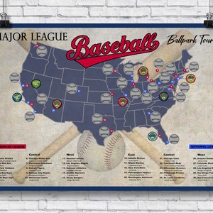 Pro Baseball Stadium Scratch Off Tour Map; 12x18 Ballpark Stadium Tracker checklist; Baseball Stadium Travel Poster; Baseball Gift