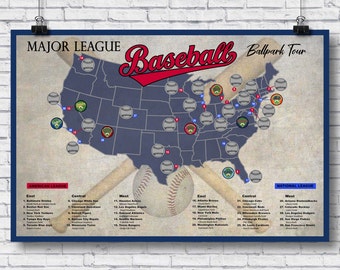 Pro Baseball Stadium Scratch Off Tour Map; 12x18 Ballpark Stadium Tracker checklist; Baseball Stadium Travel Poster; Baseball Gift