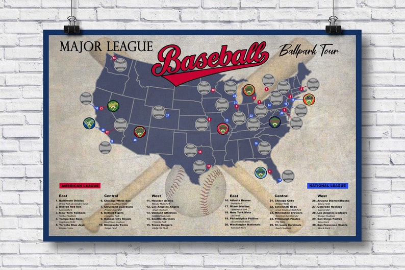 Pro Baseball Stadium Scratch Off Tour Map 12x18 Ballpark Stadium Tracker checklist Baseball Stadium Travel Poster Baseball Gift image 1