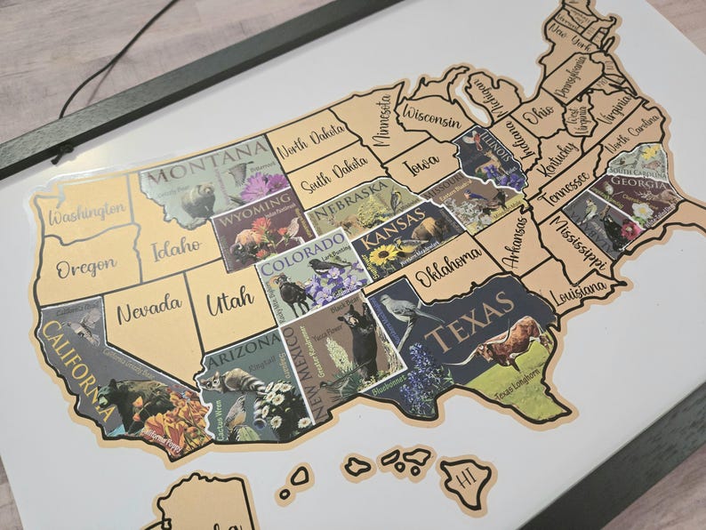 USA Scratch Off Map: State Symbols Educational Travel Poster, Places I've Been 12x18Gold+BlackFrame